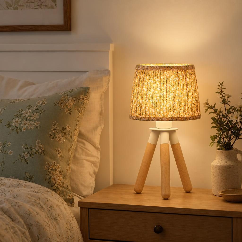 Lampe Sankyaku à abat-jour plissé fleuri allumée sur une table de chevet