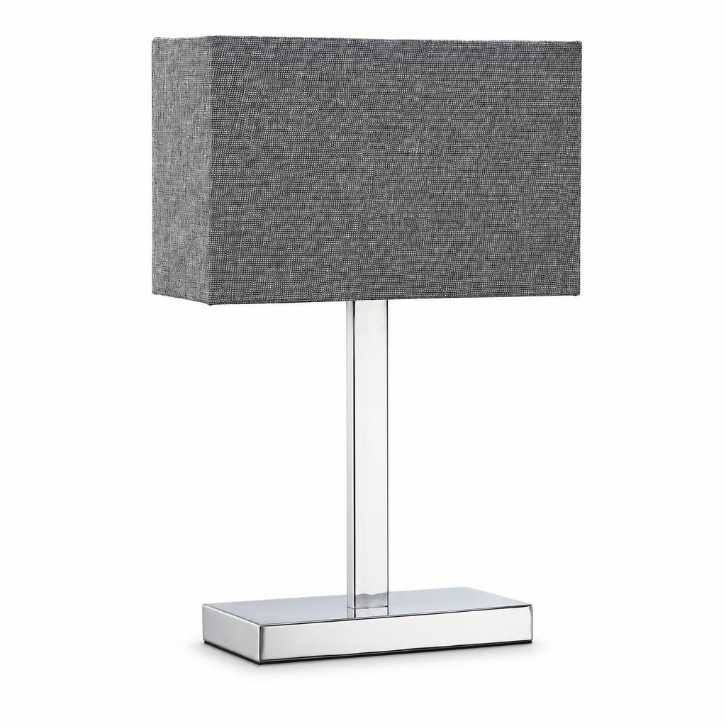 Lampe à poser Shikaku chromée avec abat-jour rectangulaire gris, sur fond blanc