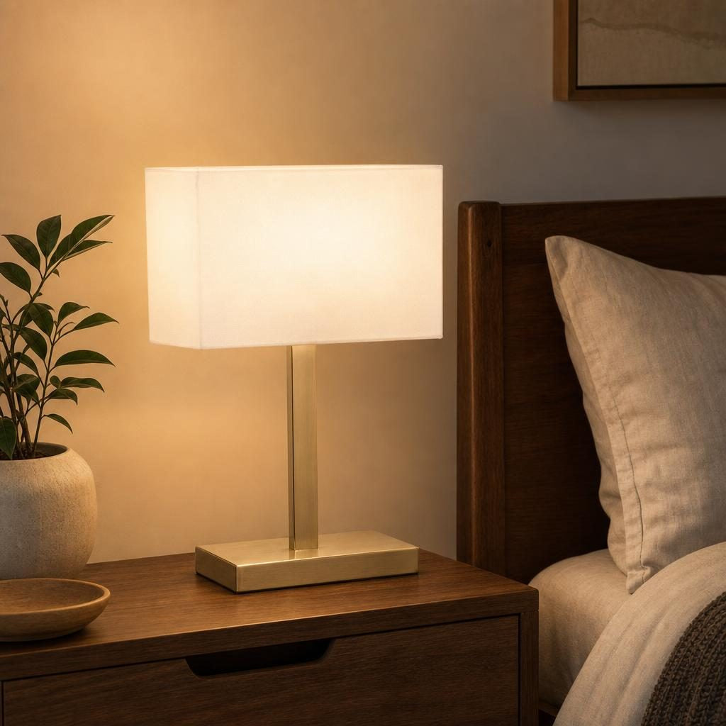 Lampe Shikaku dorée à abat-jour blanc allumée sur une table de chevet en noyer
