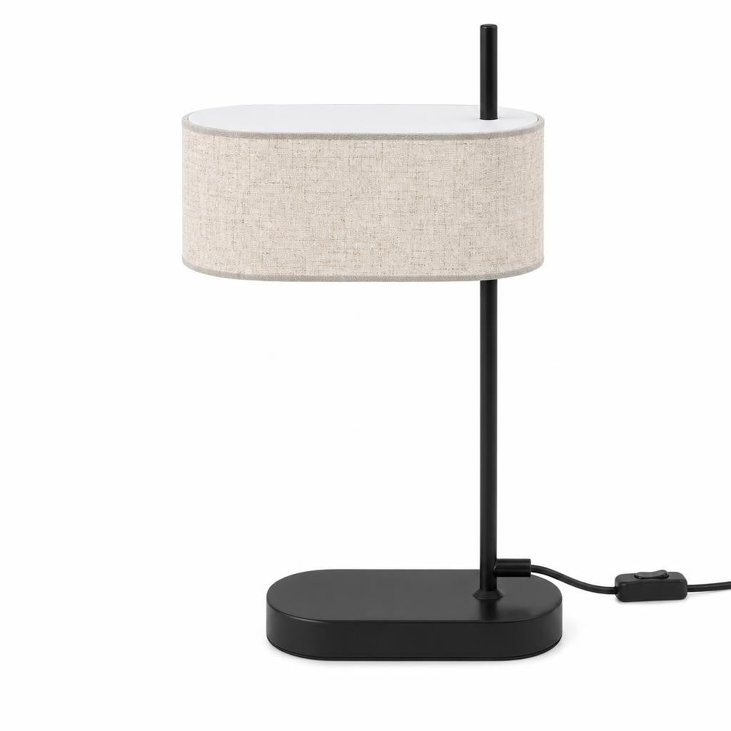 Lampe à poser Shiori, abat-jour tambour en lin beige et structure en métal noir, sur fond blanc
