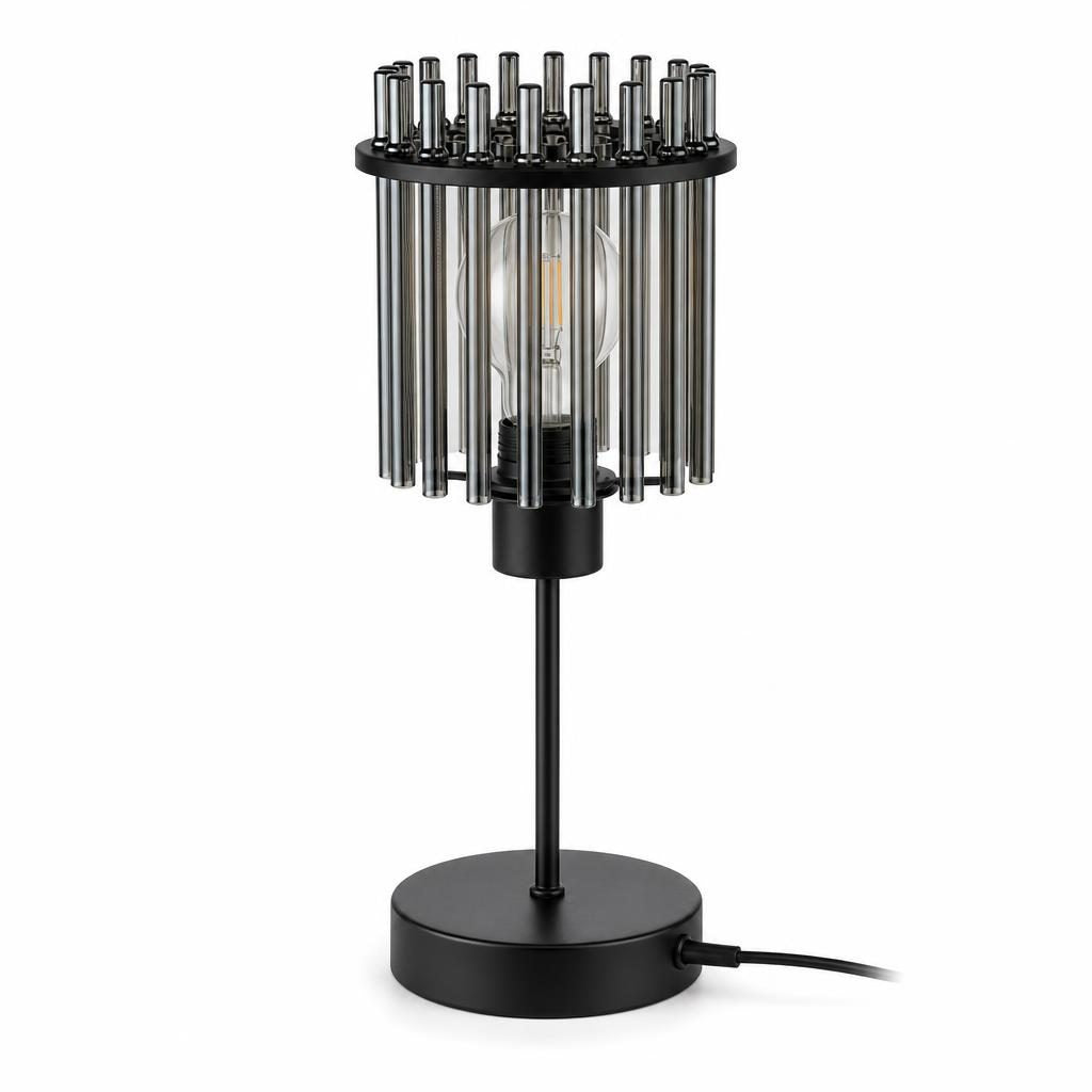 Lampe à poser Sudare, abat-jour en baguettes de verre fumé et pied noir, sur fond blanc