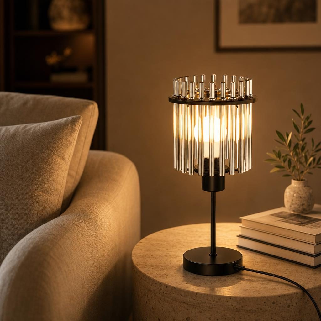 Lampe Sudare allumée sur une table d'appoint en travertin près d'un canapé en lin