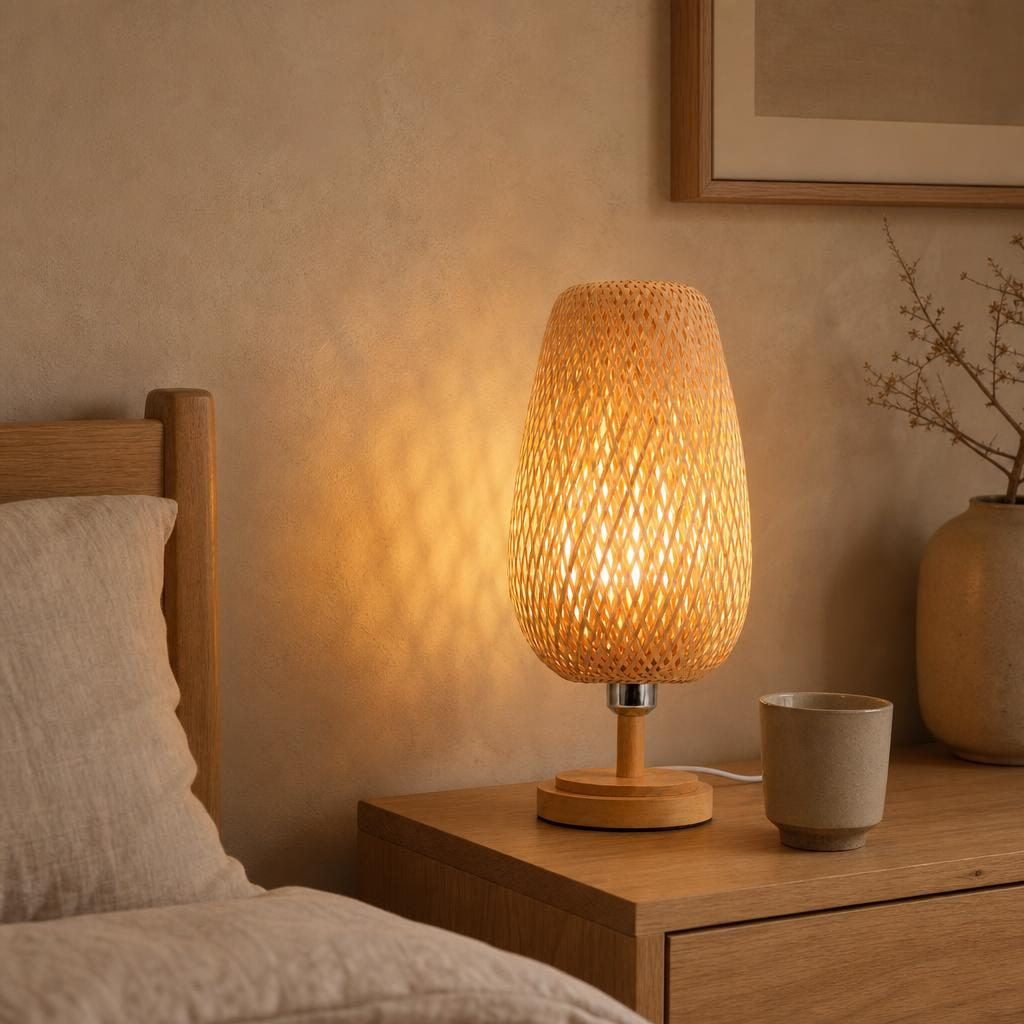 Lampe Tawara allumée sur une table de chevet en chêne dans une chambre Japandi