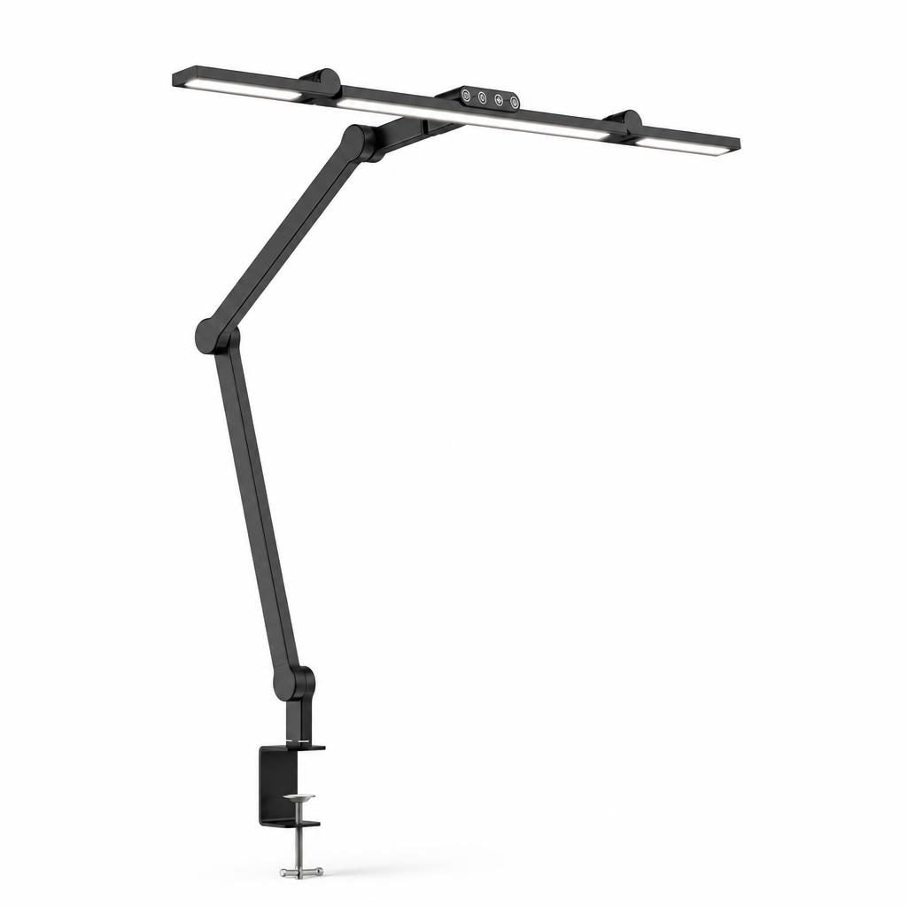Lampe de bureau Atelier noire à pince, bras articulé et barre LED, sur fond blanc