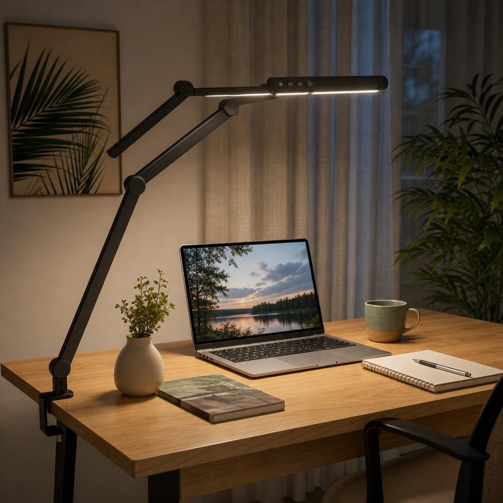 Lampe Atelier allumée au-dessus d'un bureau en chêne avec ordinateur portable