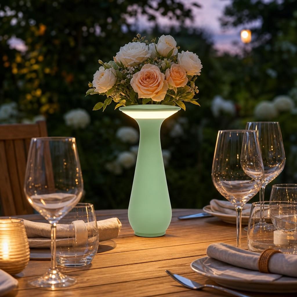 Lampe Bouquet vert sauge fleurie et allumée sur une table de jardin dressée le soir