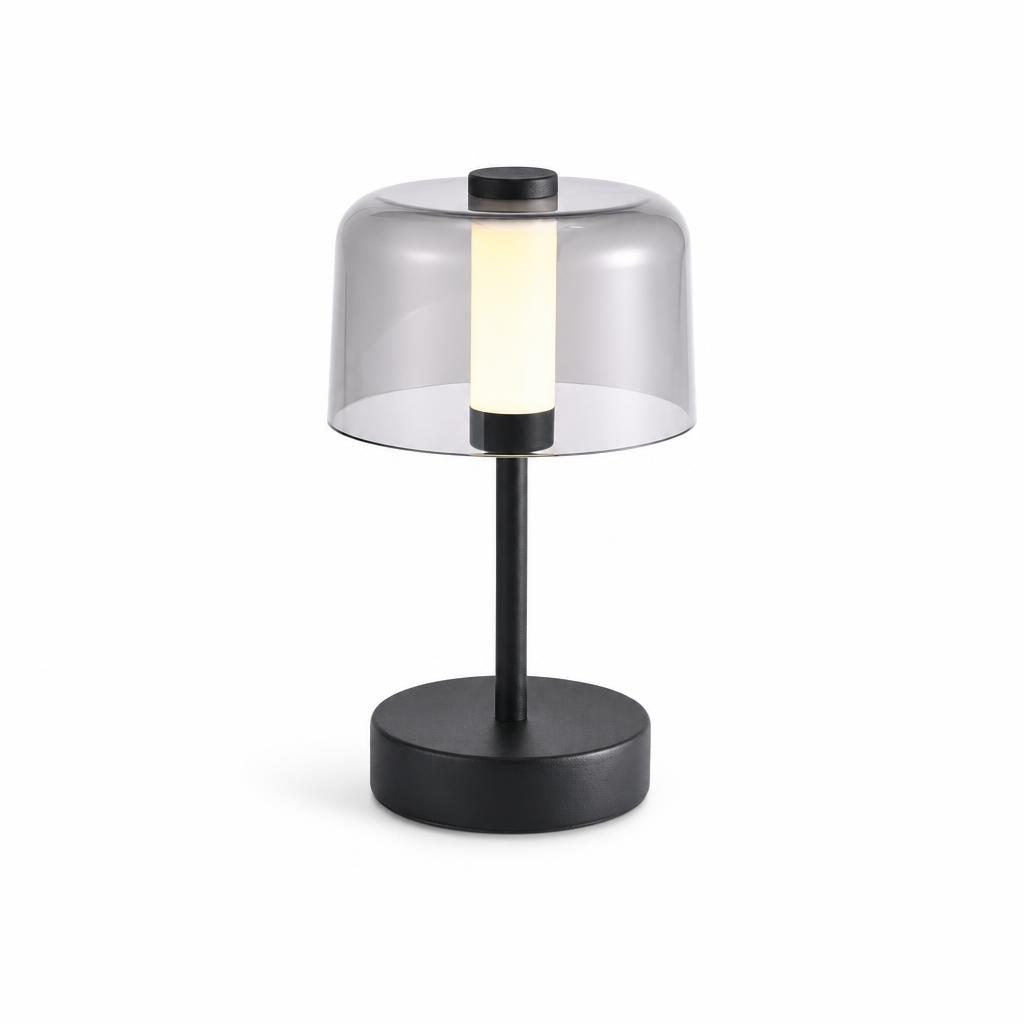 Lampe sans fil Brume, dôme fumé translucide sur pied noir, sur fond blanc