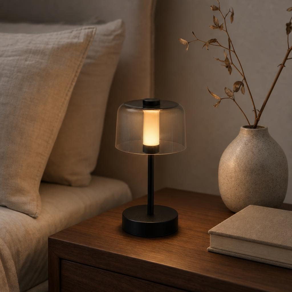 Lampe Brume allumée sur une table de chevet en noyer près d'un lit