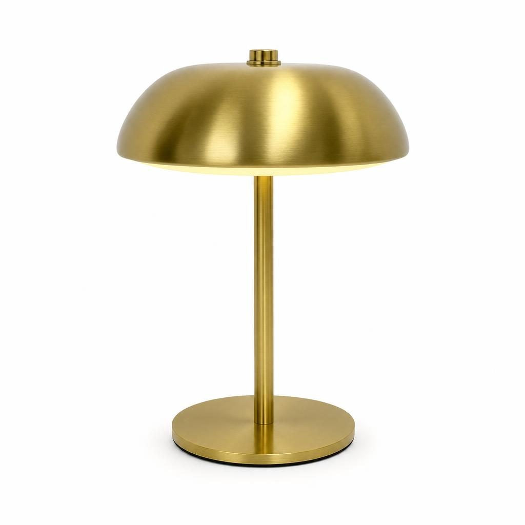 Lampe sans fil Coupole dorée, dôme en métal sur tige fine, sur fond blanc