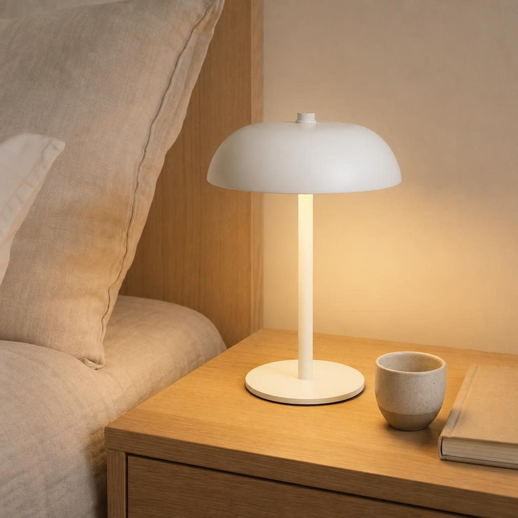 Lampe Coupole blanche allumée sur une table de chevet en bois près d'un lit