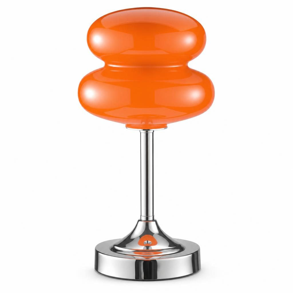 Lampe sans fil Dango, abat-jour en verre orange et pied chromé, sur fond blanc