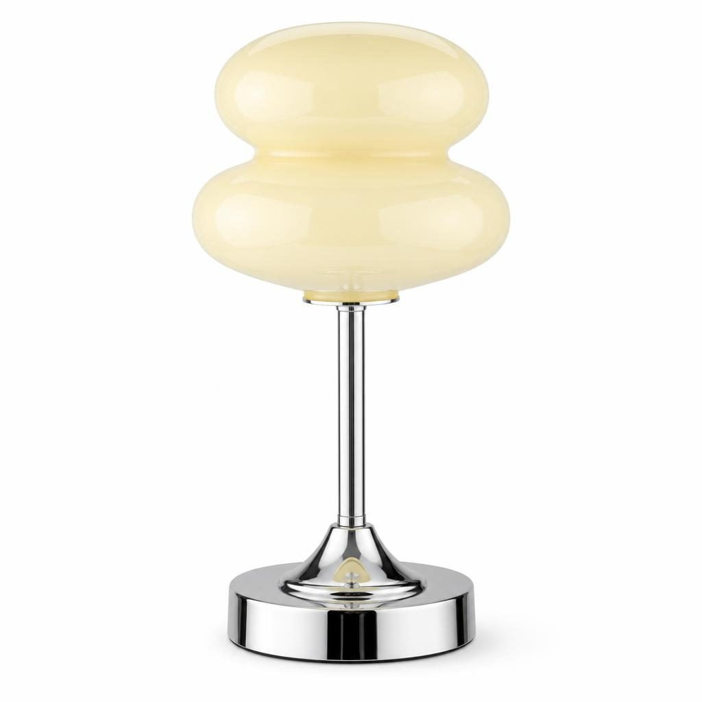 Lampe sans fil Dango, abat-jour en verre crème, sur fond blanc