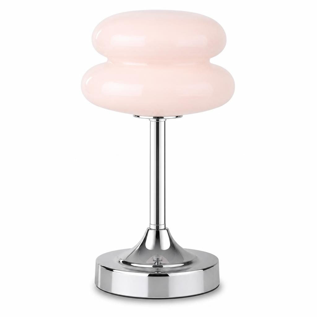 Lampe sans fil Dango, abat-jour en verre rose pâle, sur fond blanc