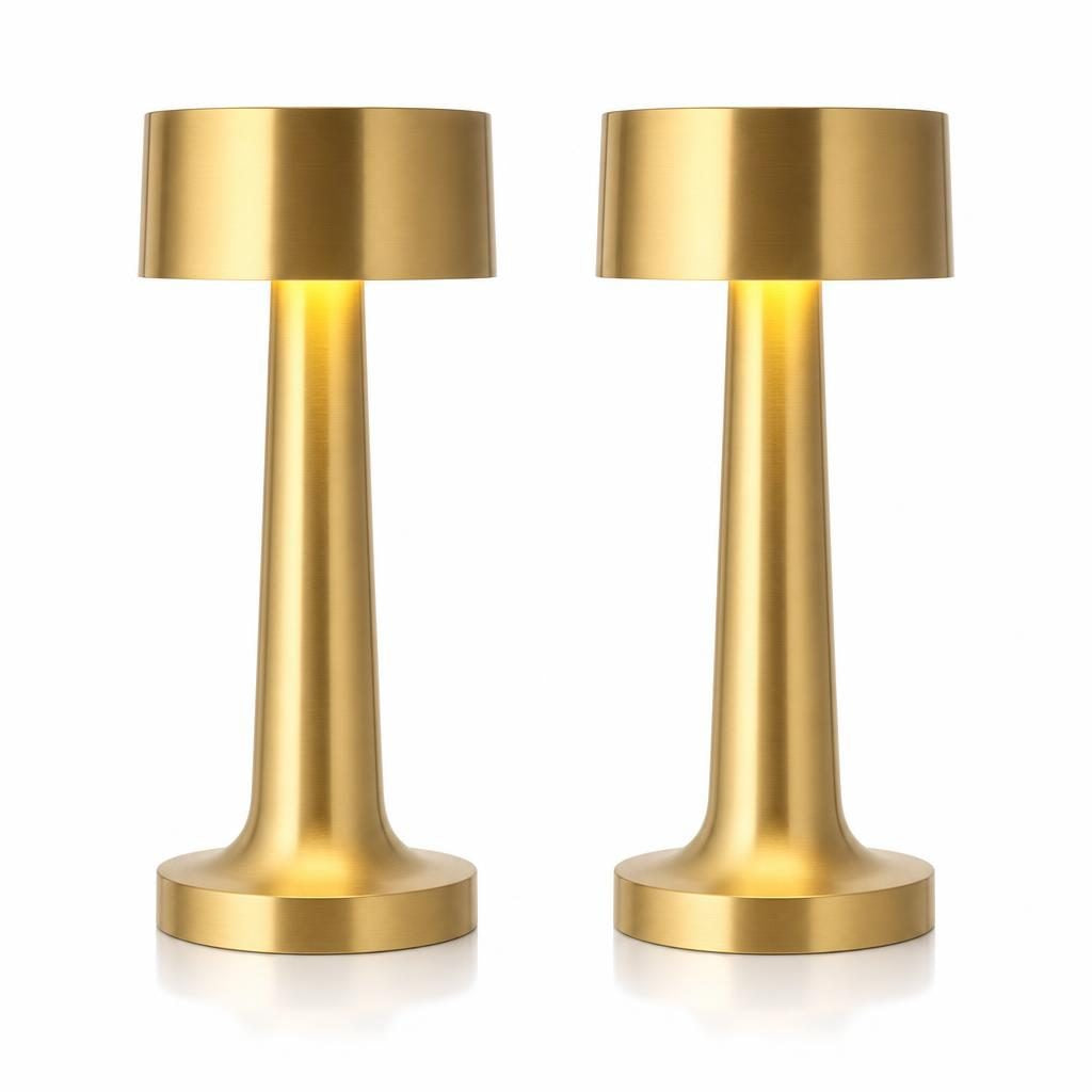 Lot de 2 lampes sans fil Hashira en métal doré, sur fond blanc