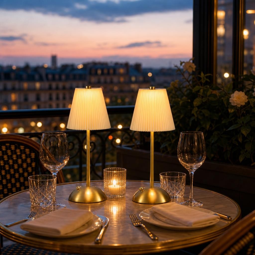 Deux lampes Hida crème allumées sur une table de dîner en terrasse