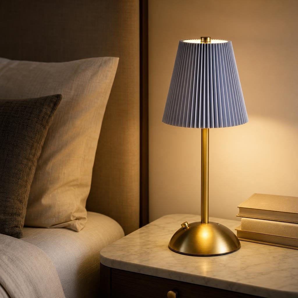 Lampe Hida bleu gris allumée sur une table de chevet en marbre