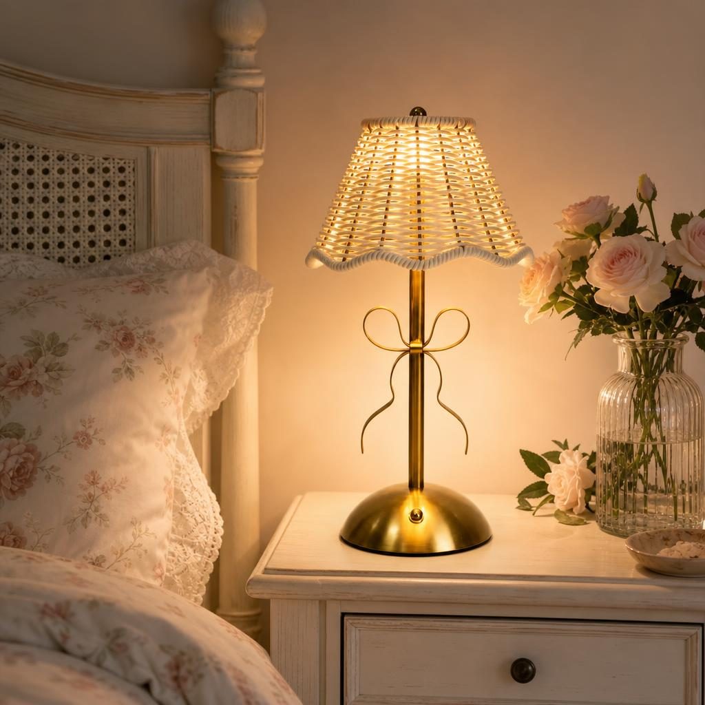 Lampe Nœud en rotin blanc allumée sur une table de chevet dans une chambre romantique