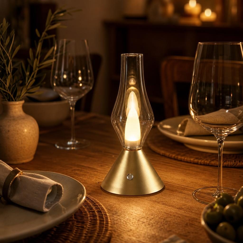 Lampe Quinquet modèle droit allumée sur une table dressée pour le dîner