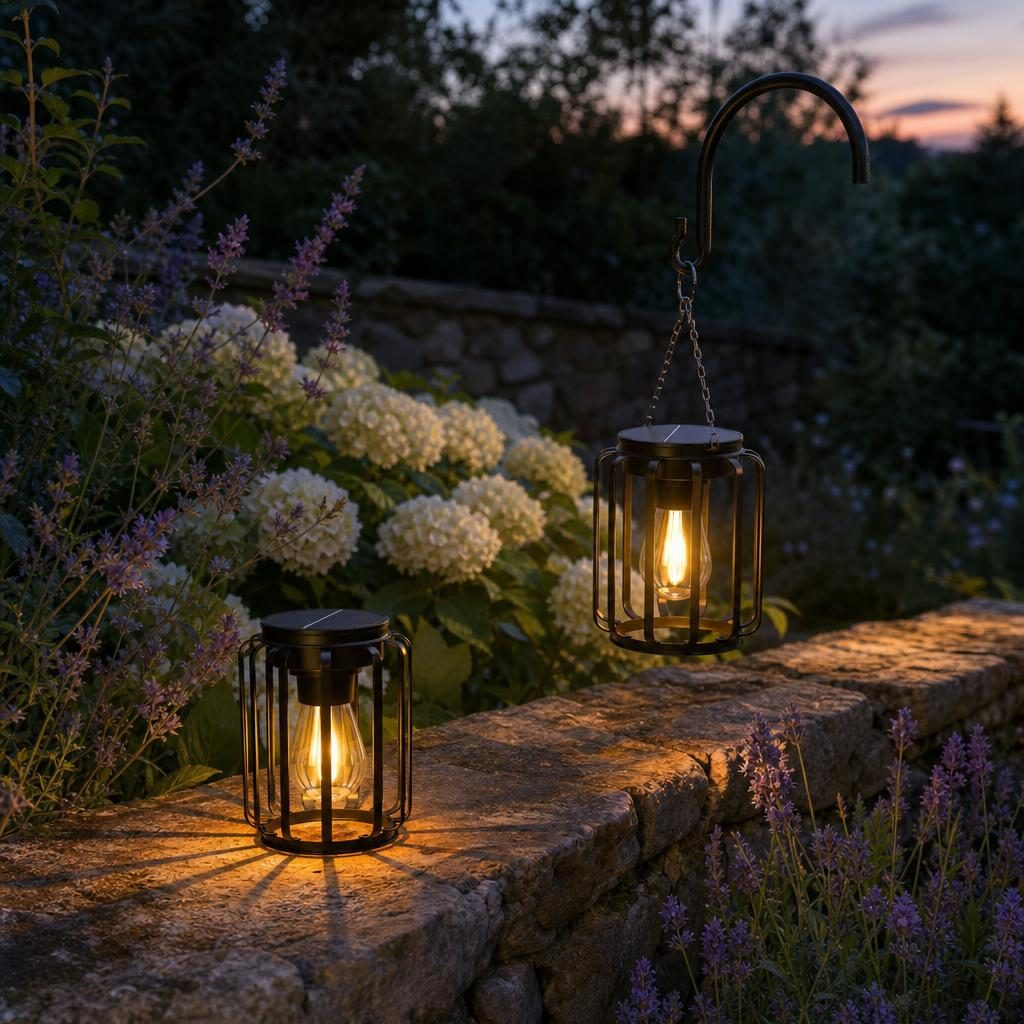 Lanternes Fanal allumées dans un jardin fleuri au crépuscule, l'une posée sur un muret