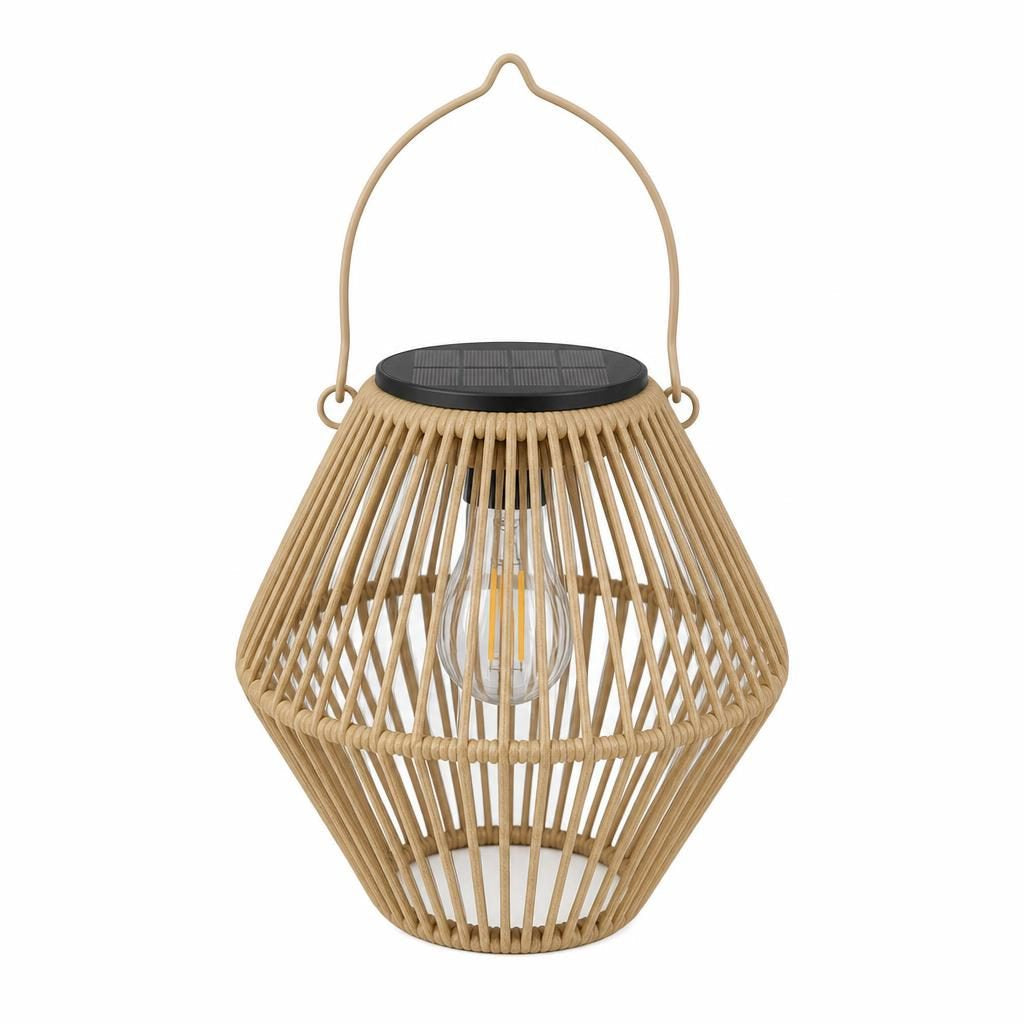 Lanterne solaire Ondine en forme de losange, structure tressée aspect rotin, sur fond blanc