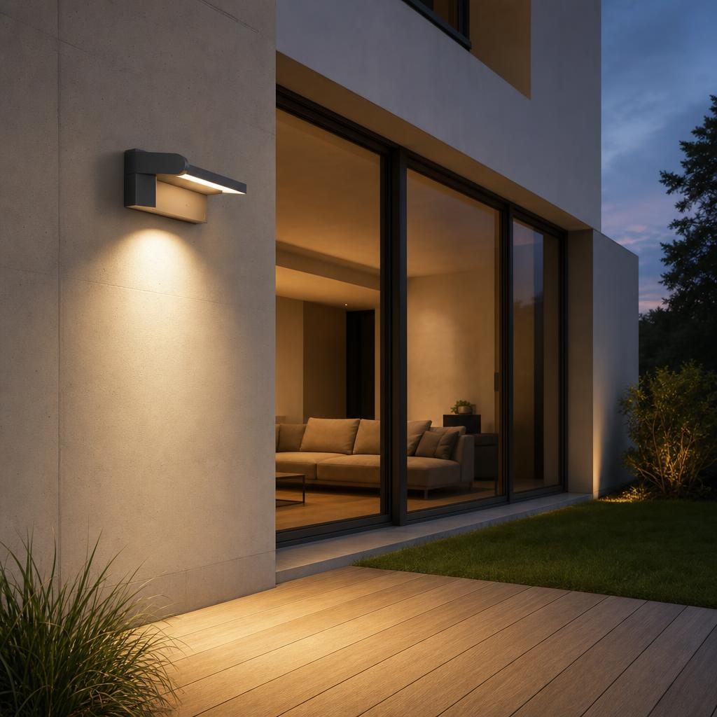 Applique Hisashi allumée sur la façade d'une maison contemporaine, au-dessus d'une terrasse en bois