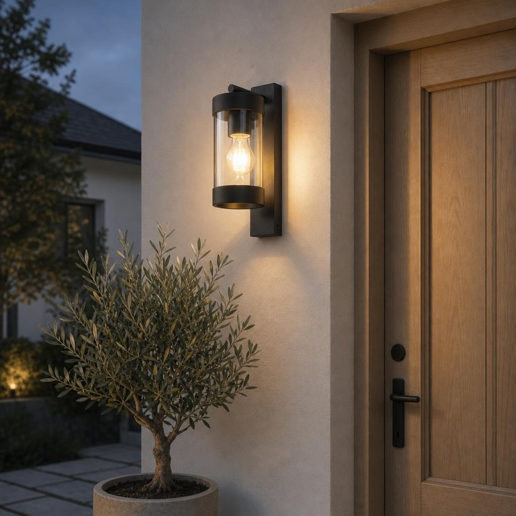 Applique Tomoshibi allumée à côté d'une porte d'entrée en bois au crépuscule