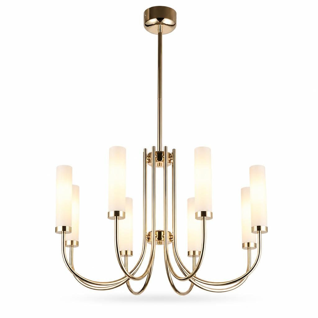 Lustre Chandelle doré à 8 bras et cylindres en verre dépoli allumés, sur fond blanc