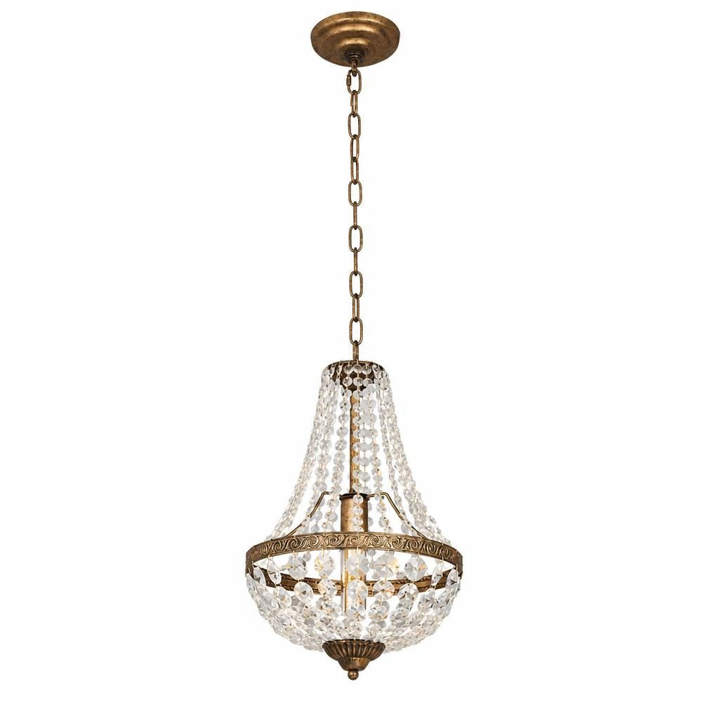Lustre à pampilles Corbeille, structure bronze antique et perles de cristal, sur fond blanc