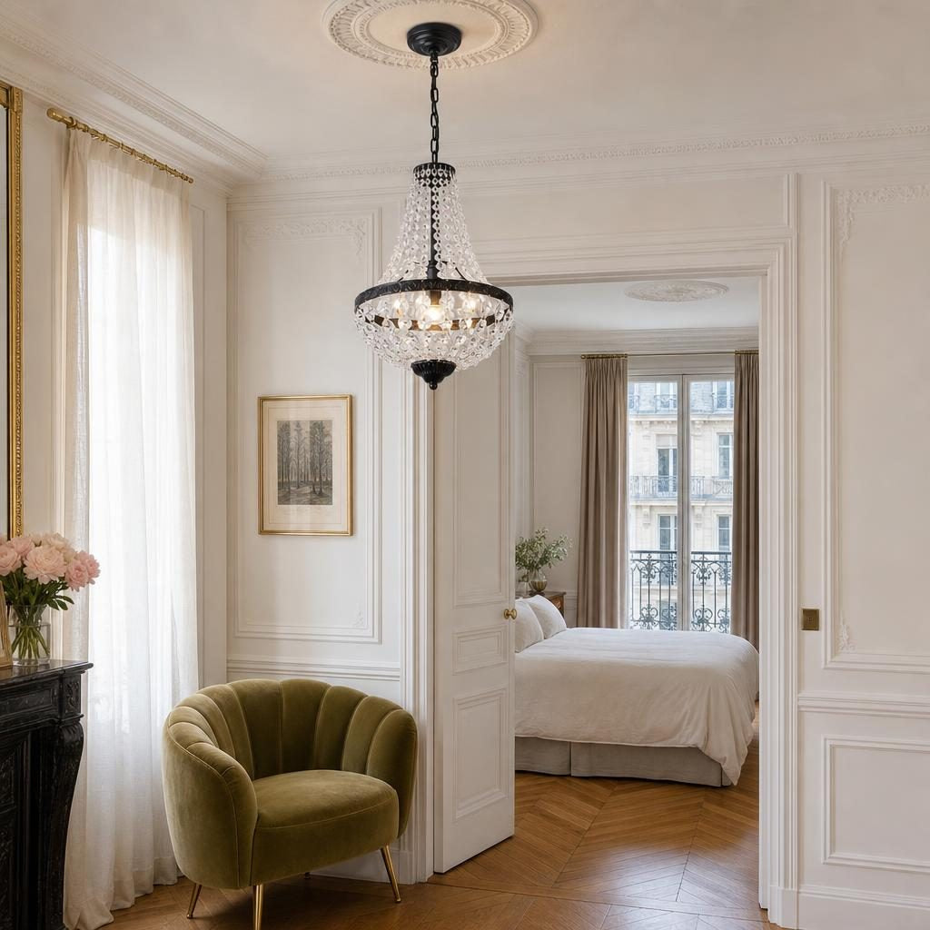 Lustre Corbeille noir allumé dans une entrée à moulures avec parquet en chevrons