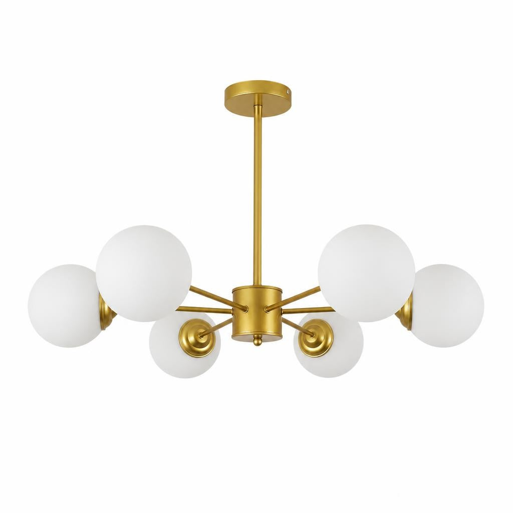 Lustre Hoshi doré à 6 globes en verre opale, sur fond blanc