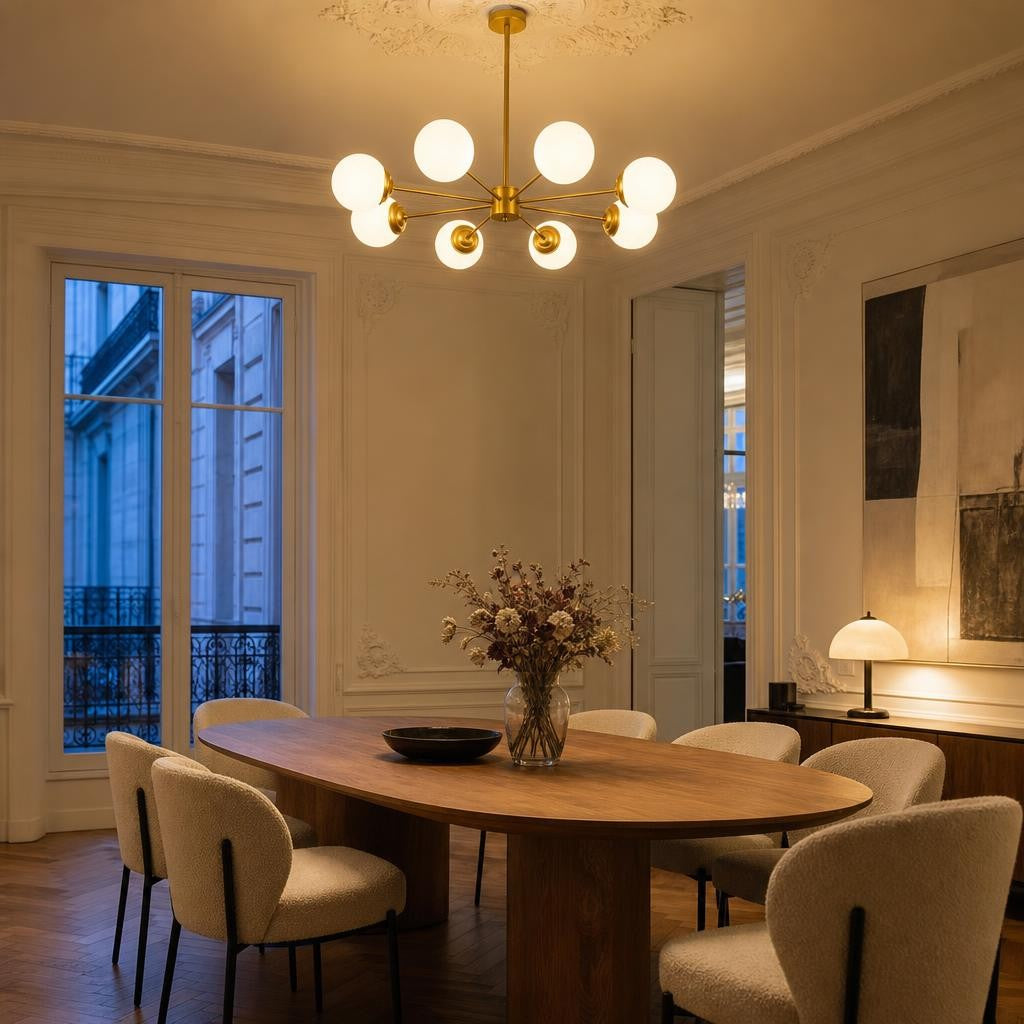 Lustre Hoshi allumé au-dessus d'une table ovale en chêne