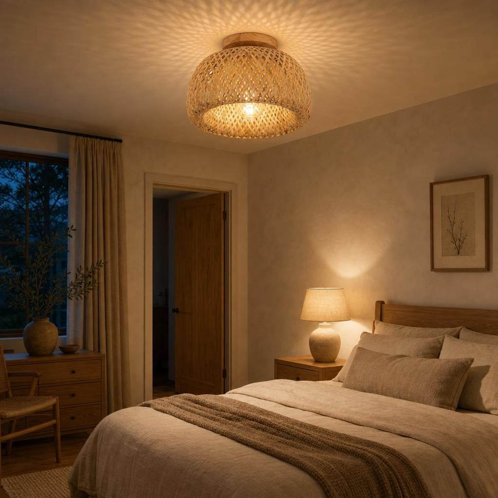 Plafonnier Ajiro allumé au plafond d'une chambre Japandi