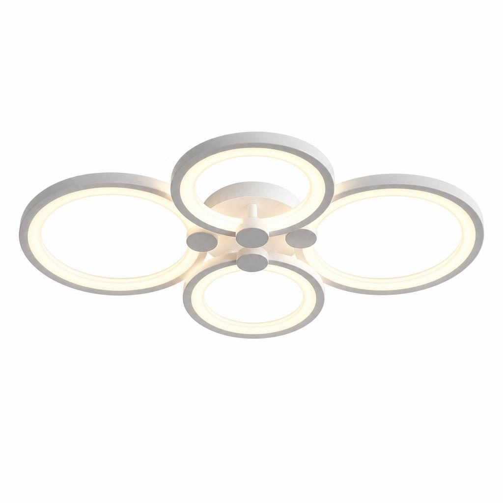 Plafonnier LED Cercles à quatre anneaux blancs allumés, sur fond blanc