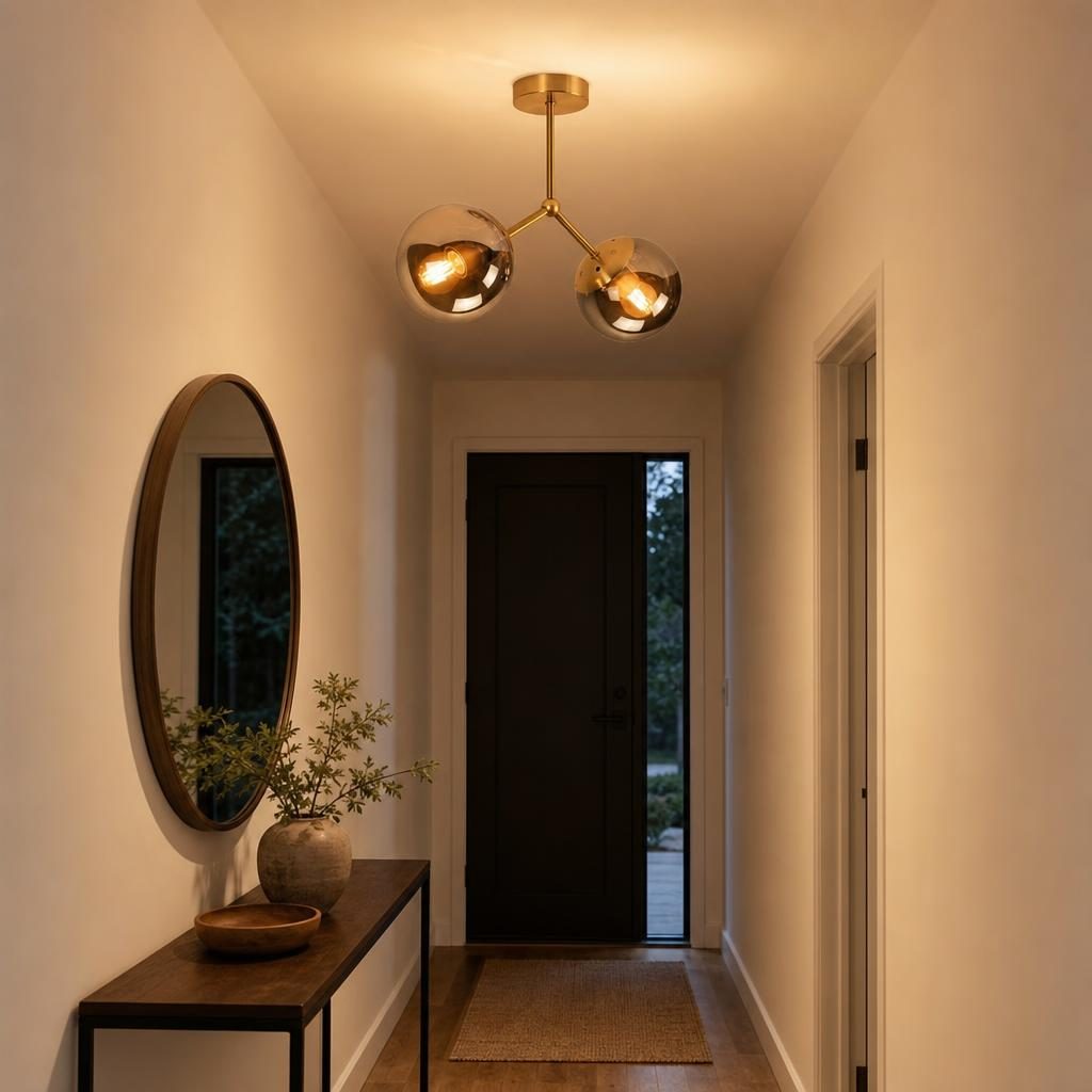 Plafonnier Futago allumé au plafond d'un couloir d'entrée