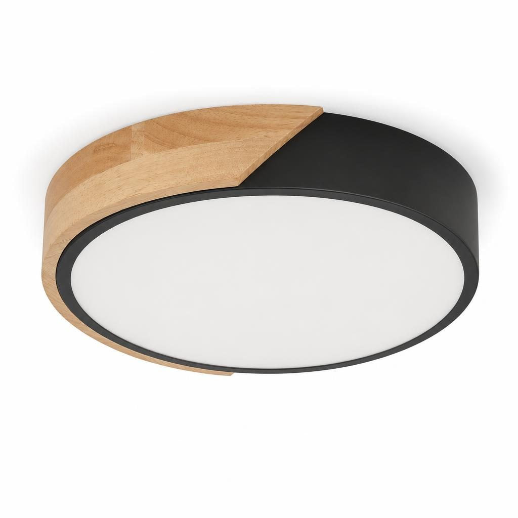 Plafonnier LED Hangetsu extra-plat, pourtour bois et noir, sur fond blanc