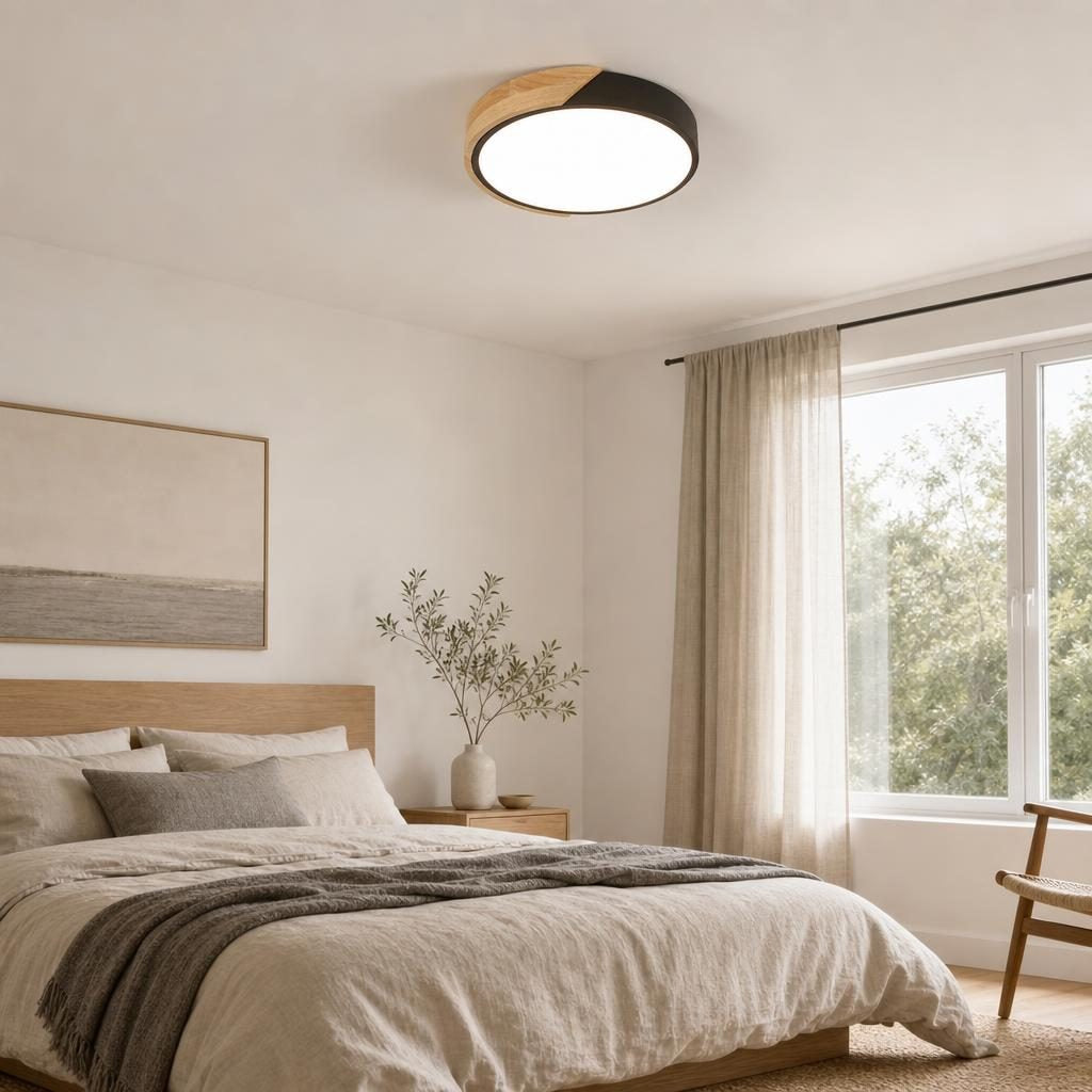 Plafonnier Hangetsu allumé au plafond d'une chambre scandinave