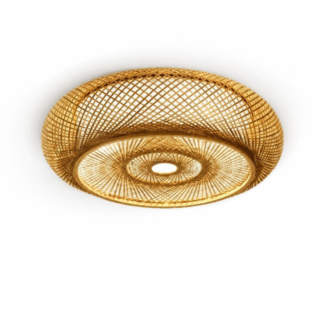 Plafonnier Kagari en bambou tressé avec diffuseur concentrique, sur fond blanc