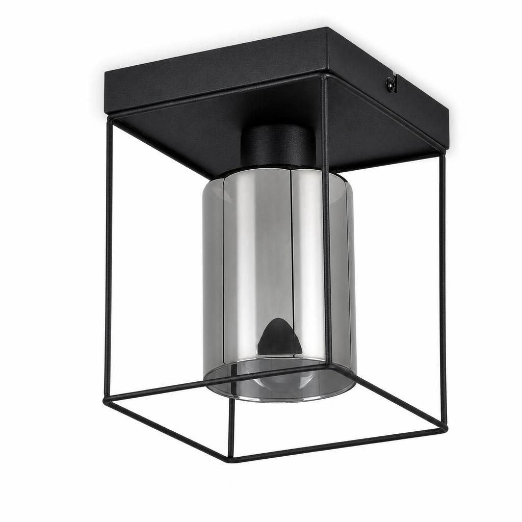 Plafonnier Kakoi, cage carrée noire et cylindre en verre fumé, sur fond blanc