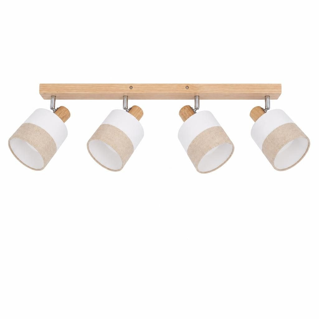 Plafonnier Narabi, rampe en bois clair et quatre spots en tissu blanc et lin, sur fond blanc