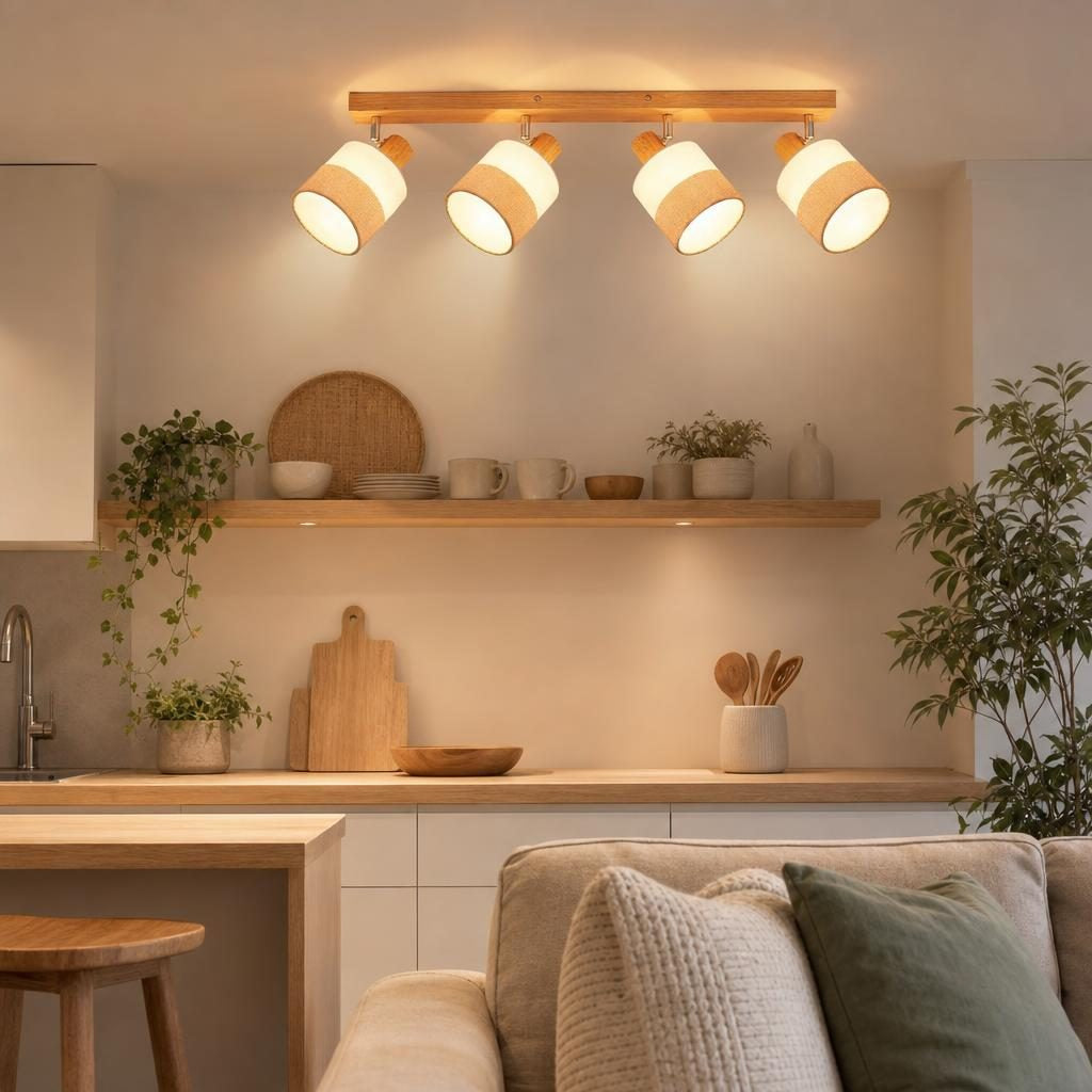 Plafonnier Narabi allumé au-dessus d'une cuisine scandinave