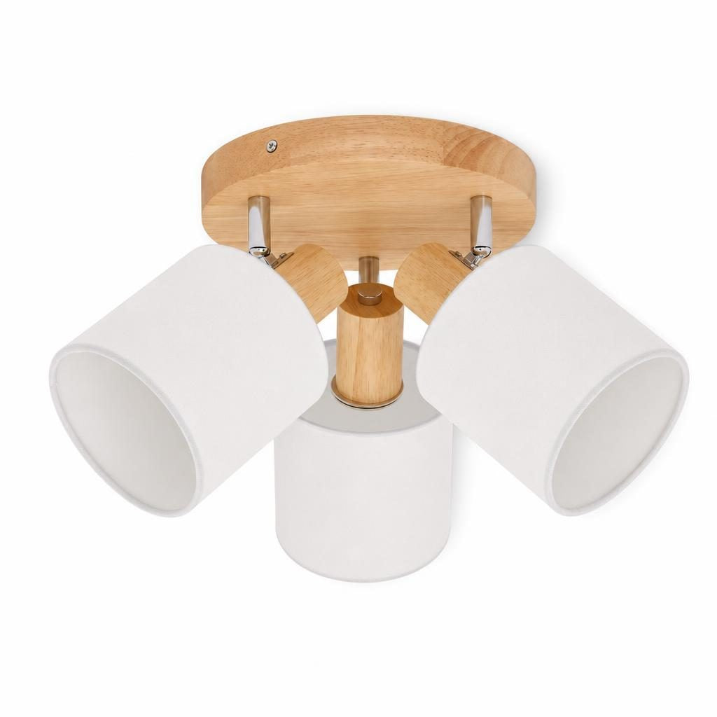 Plafonnier Sanren, platine ronde en bois et trois spots en tissu blanc, sur fond blanc