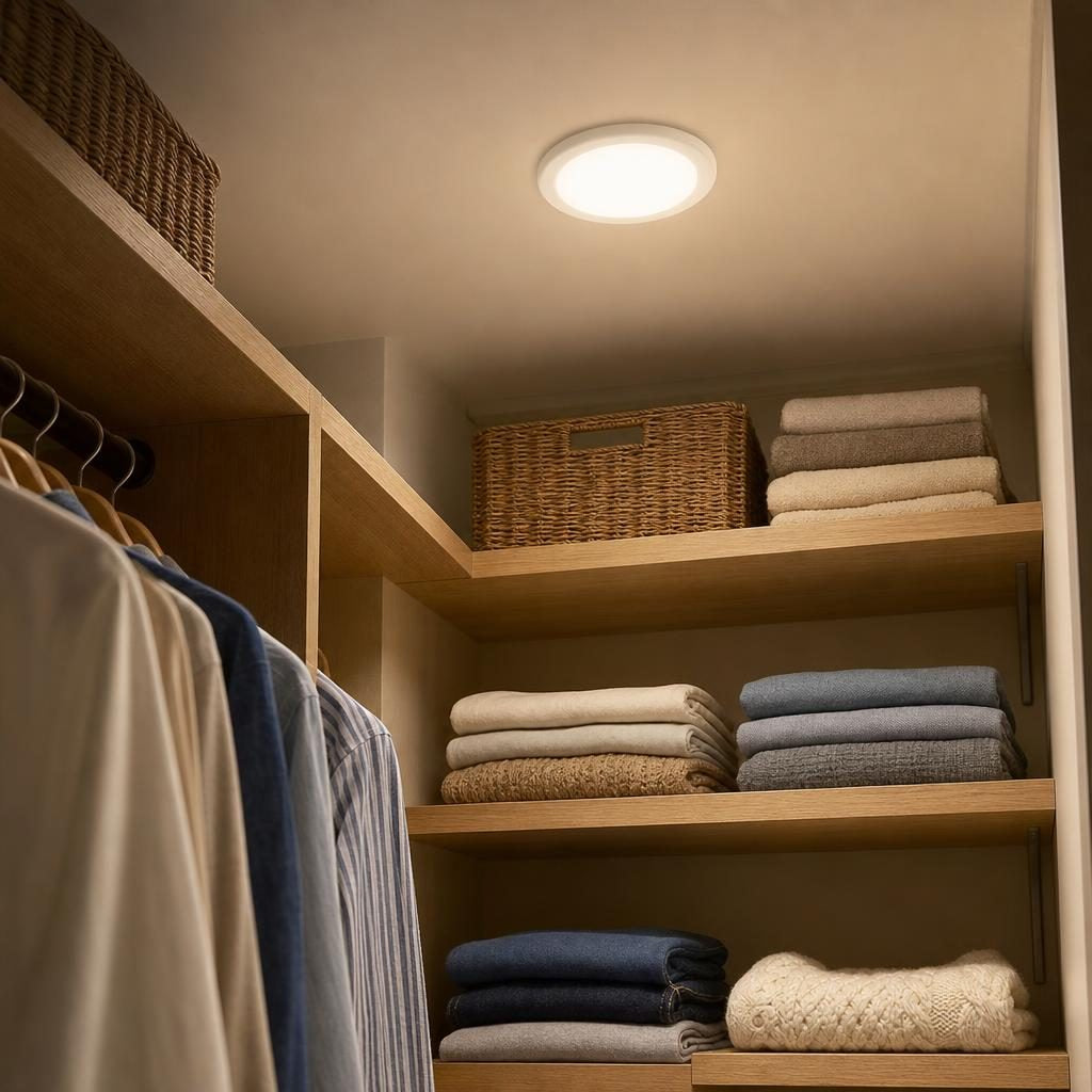 Plafonnier Lune allumé au plafond d'un dressing en bois clair