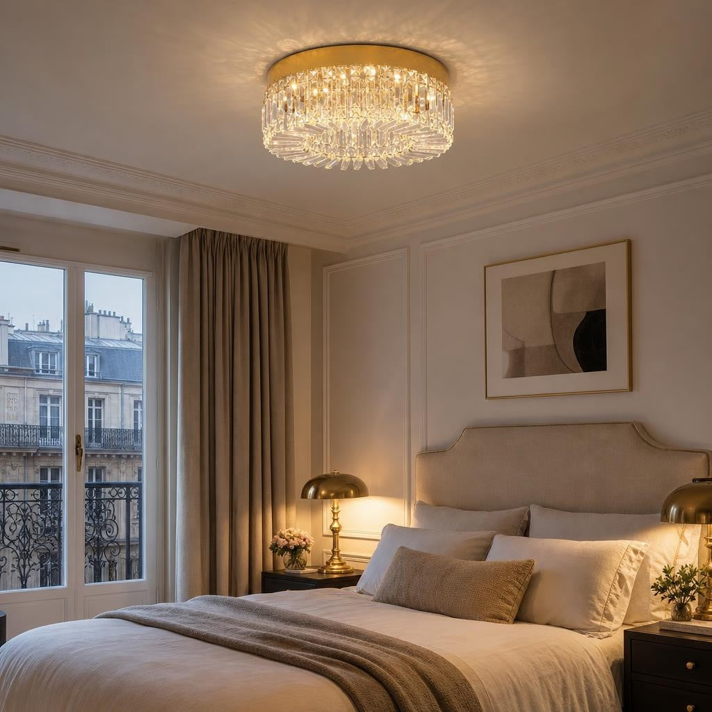 Plafonnier Shizuku doré allumé au plafond d'une chambre parisienne