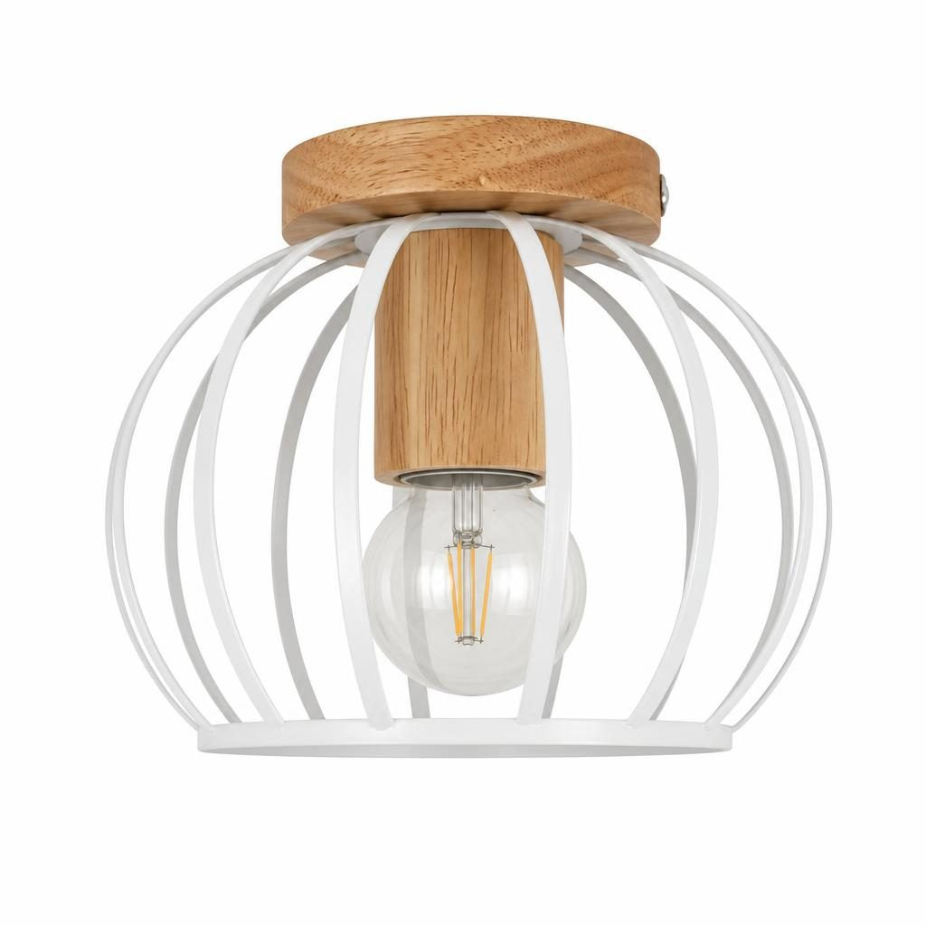 Plafonnier Torikago, cage en métal blanc et base aspect bois clair, sur fond blanc