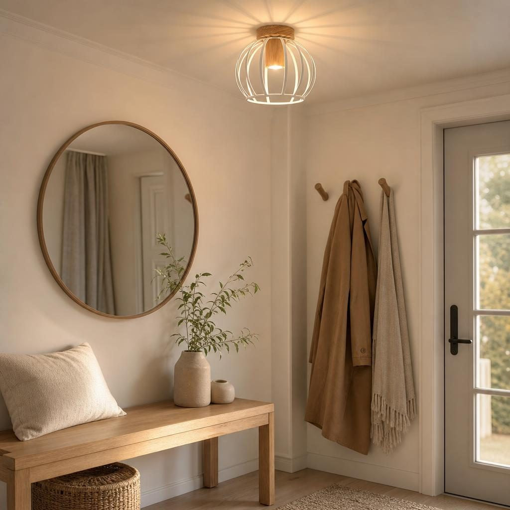 Plafonnier Torikago allumé dans une entrée scandinave