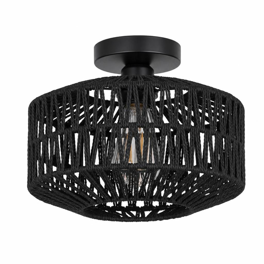 Plafonnier Yoru, tambour tressé noir ajouré et rosace noire, sur fond blanc
