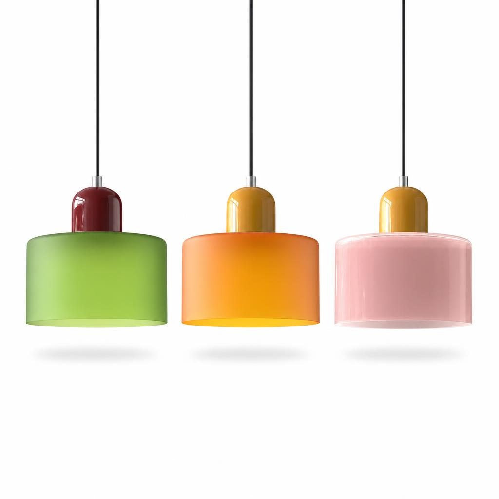 Trois suspensions Bonbon en verre vert, orange et rose avec coiffes colorées, sur fond blanc
