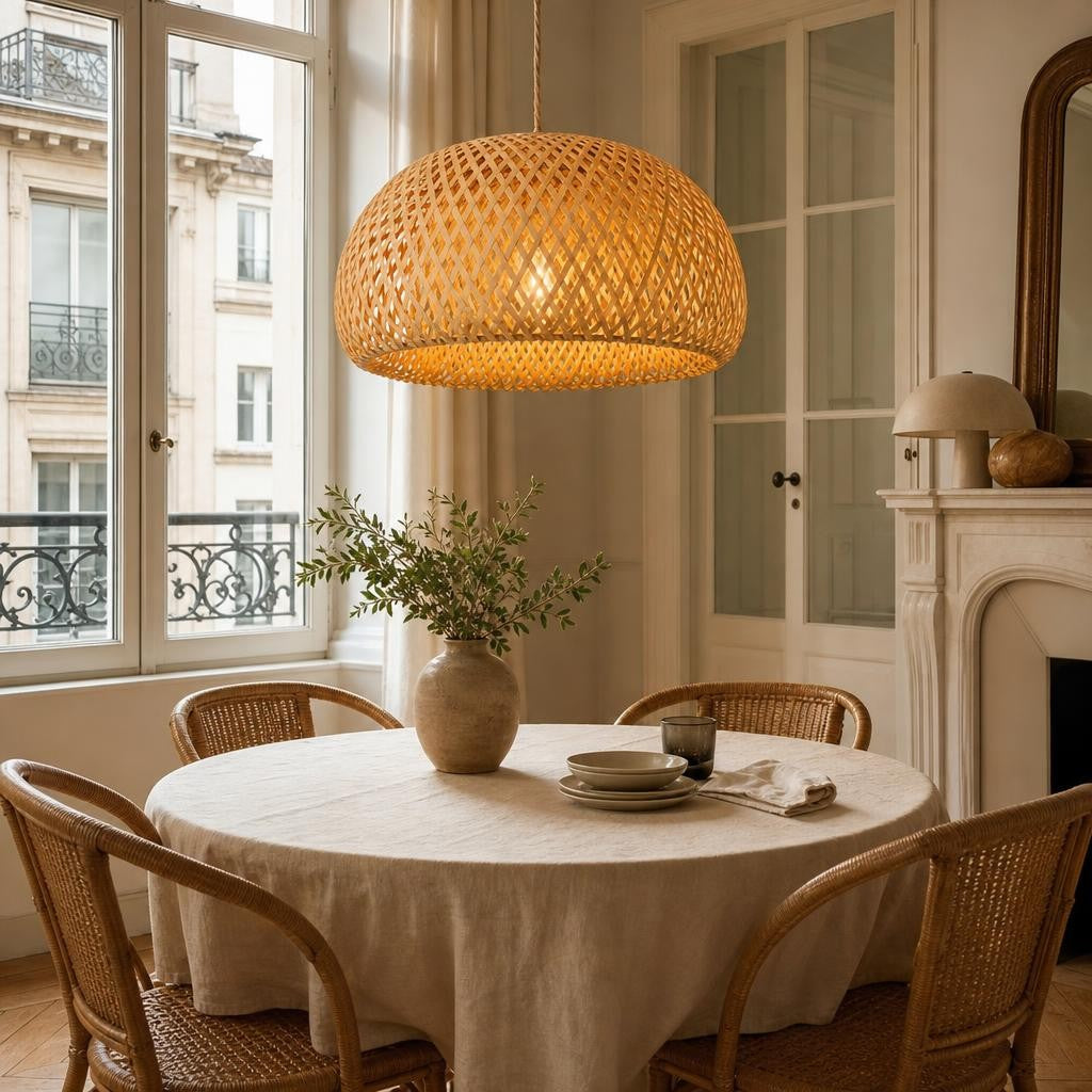 Suspension Kago allumée au-dessus d'une table ronde dans une salle à manger lumineuse