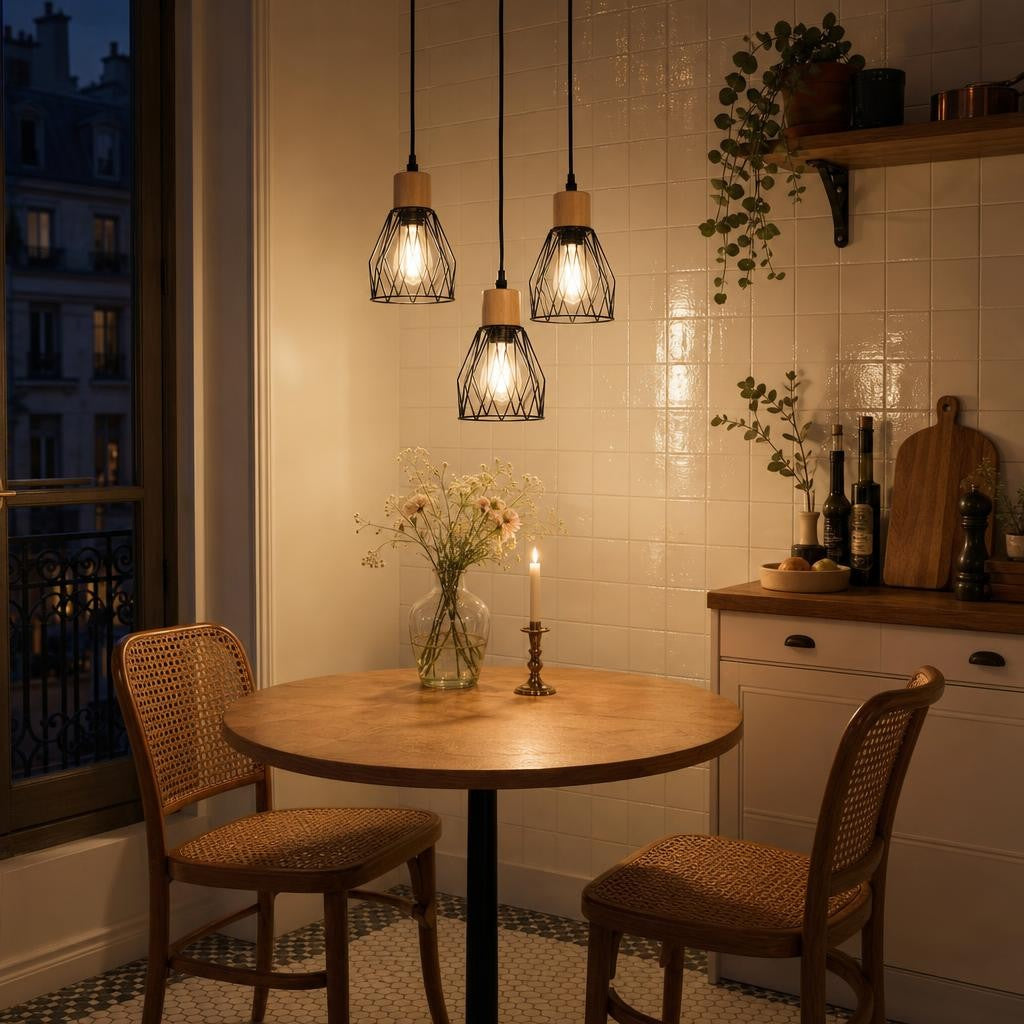 Suspension Kagome allumée au-dessus d'une table bistrot ronde