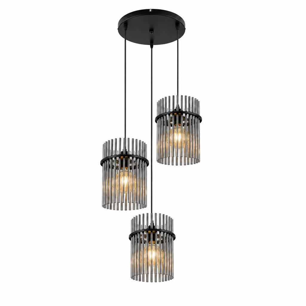 Suspension Kasumi à 3 cylindres en baguettes de verre fumé et rosace noire, sur fond blanc